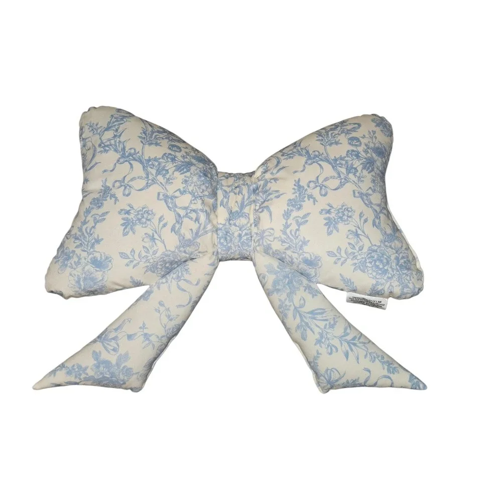 Envogue Blue Floral Toile Pattern Decor Bow‎ Pillow Viral Coquette Cottagecore